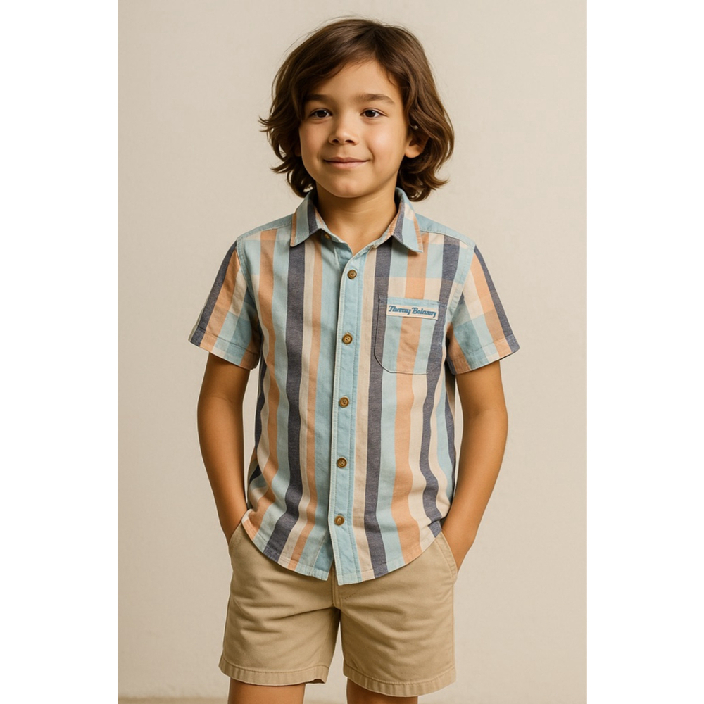 Boys Tommy Bahama M (7/8) Striped Light Blue Orange Navy Button Down Shirt